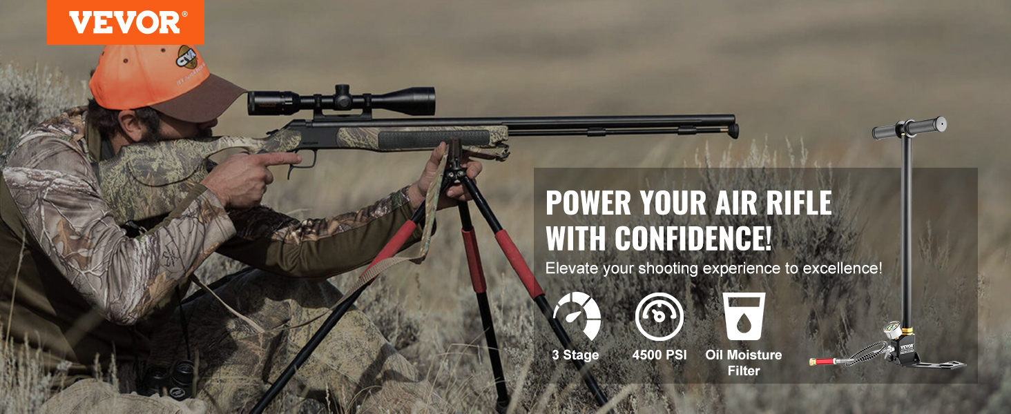 hunter aiming rifle with VEVOR high pressure hand pump, 4500 psi, 3-stage, oil filter.