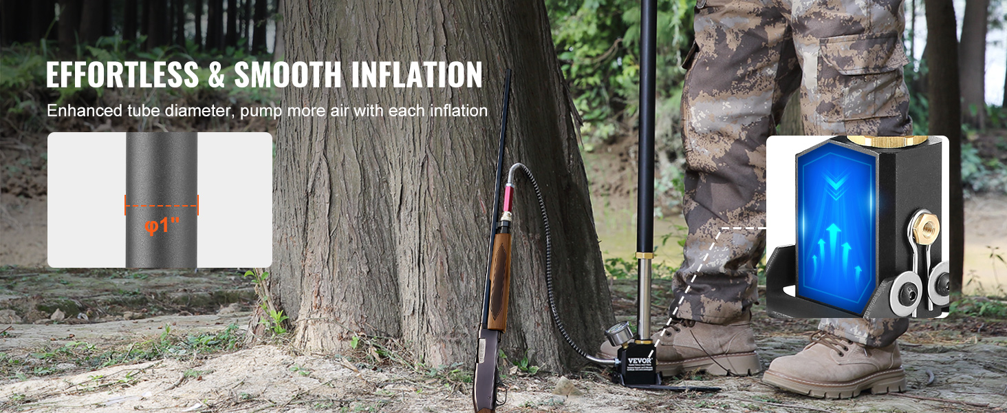 person inflating with VEVOR high pressure hand pump, large tube diameter, woods background.