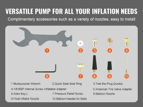 accessories for VEVOR high pressure hand pump: wrench, adapters, nozzles, needle, seal ring.