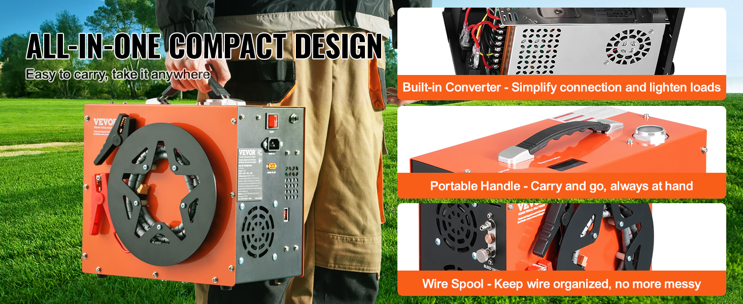 VEVOR pcp air compressor with built-in converter, portable handle, and wire spool for easy use outdoors.