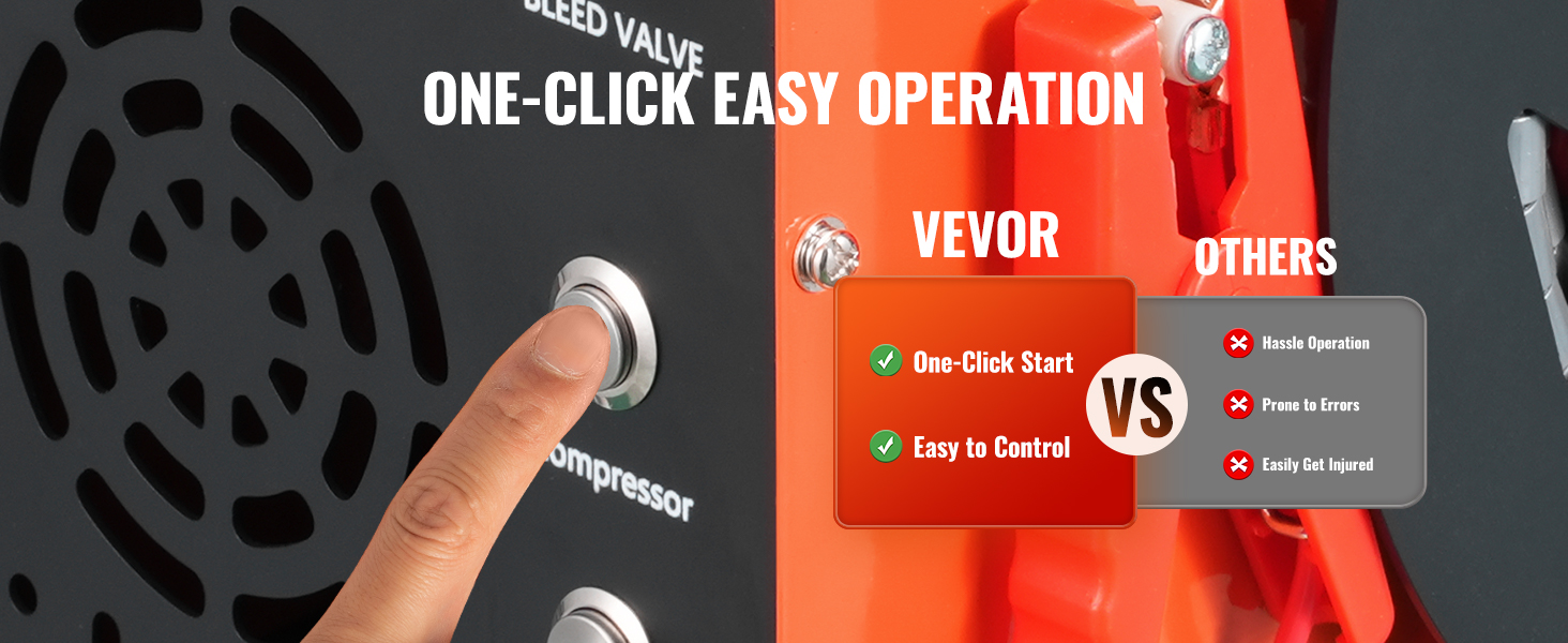 VEVOR pcp air compressor with one-click start and easy control vs hassle, errors, and injury-prone others.