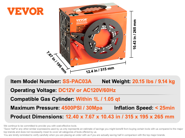 VEVOR pcp air compressor with 4500 psi pressure, dc12v or ac120v, and dimensions of 12.4 x 7.67 x 10.43 in.