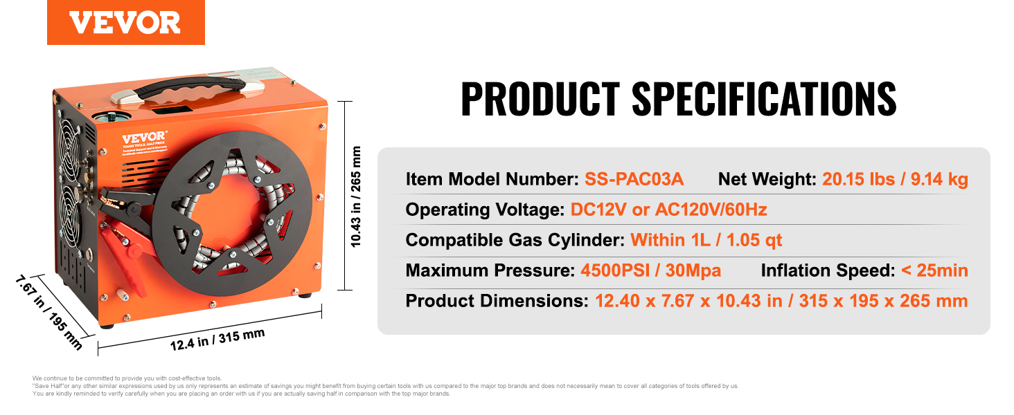 VEVOR pcp air compressor with 4500 psi pressure, dc12v or ac120v, and dimensions of 12.4 x 7.67 x 10.43 in.