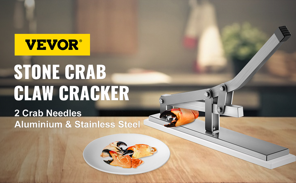 VEVOR stone crab cracker with plate of cracked crab claws in a kitchen setting.