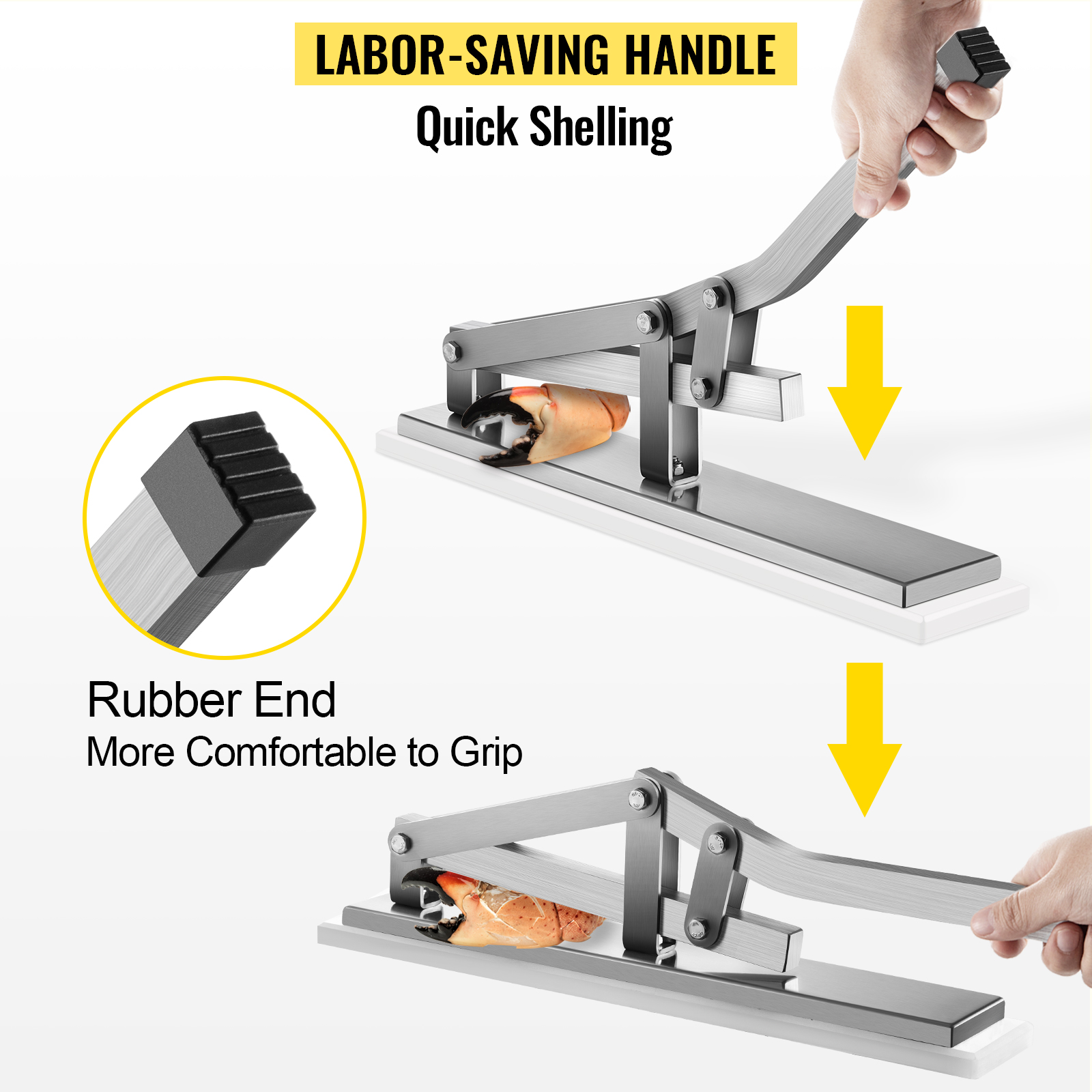 VEVOR stone crab cracker with labor-saving handle and rubber-ended gripping feature.