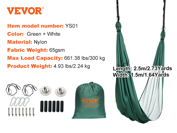 VEVOR aerial yoga swing set, green and white nylon, max load 300kg, with accessories and carry bag.