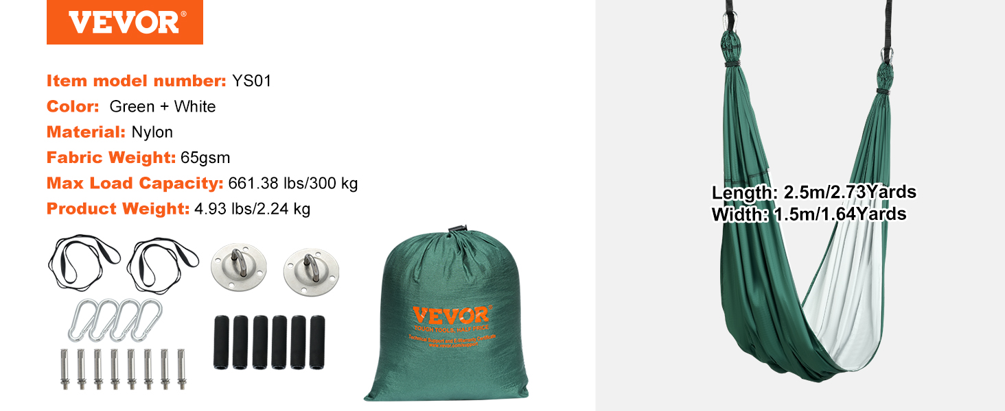 VEVOR aerial yoga swing set, green and white nylon, max load 300kg, with accessories and carry bag.