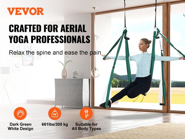 VEVOR aerial yoga swing set in use, suitable for all body types, dark green and white design.
