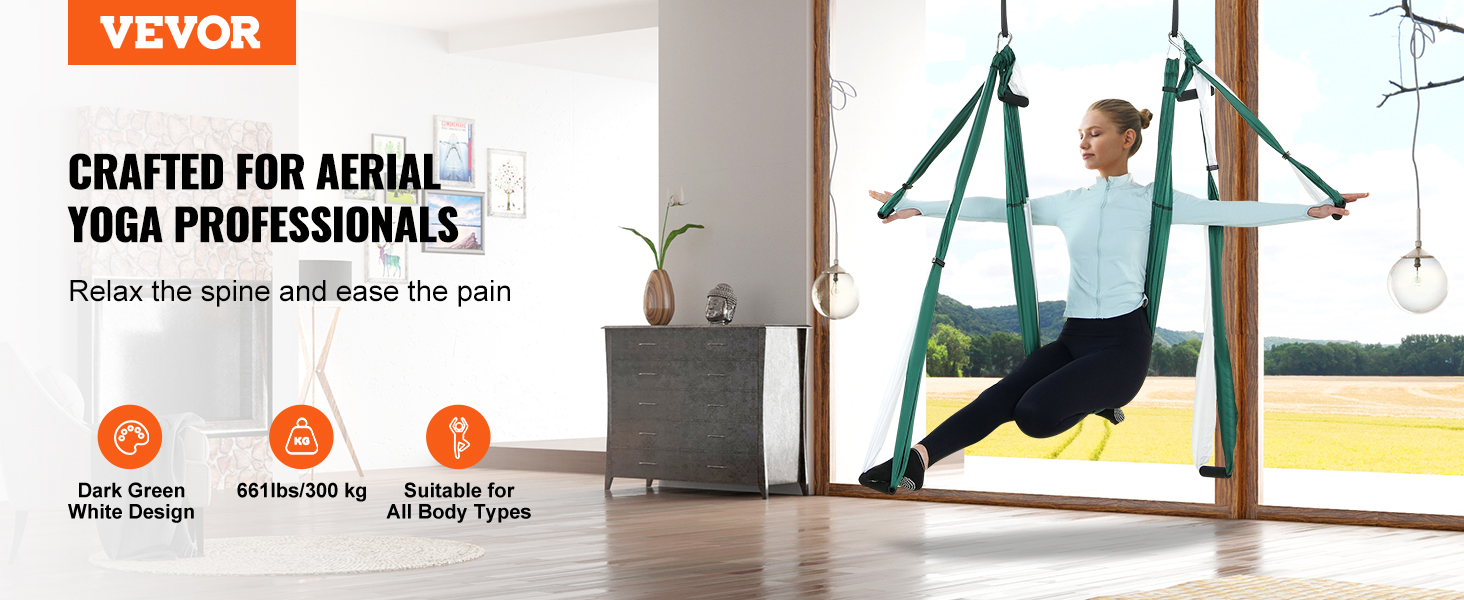 VEVOR aerial yoga swing set in use, suitable for all body types, dark green and white design.