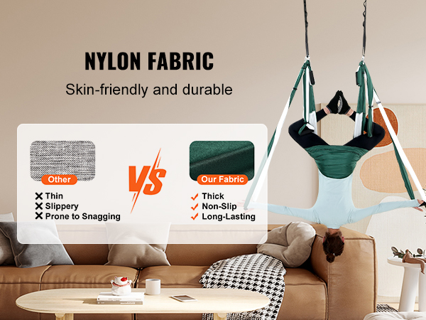VEVOR aerial yoga swing set in a modern living room with nylon fabric comparison chart highlighting its benefits.