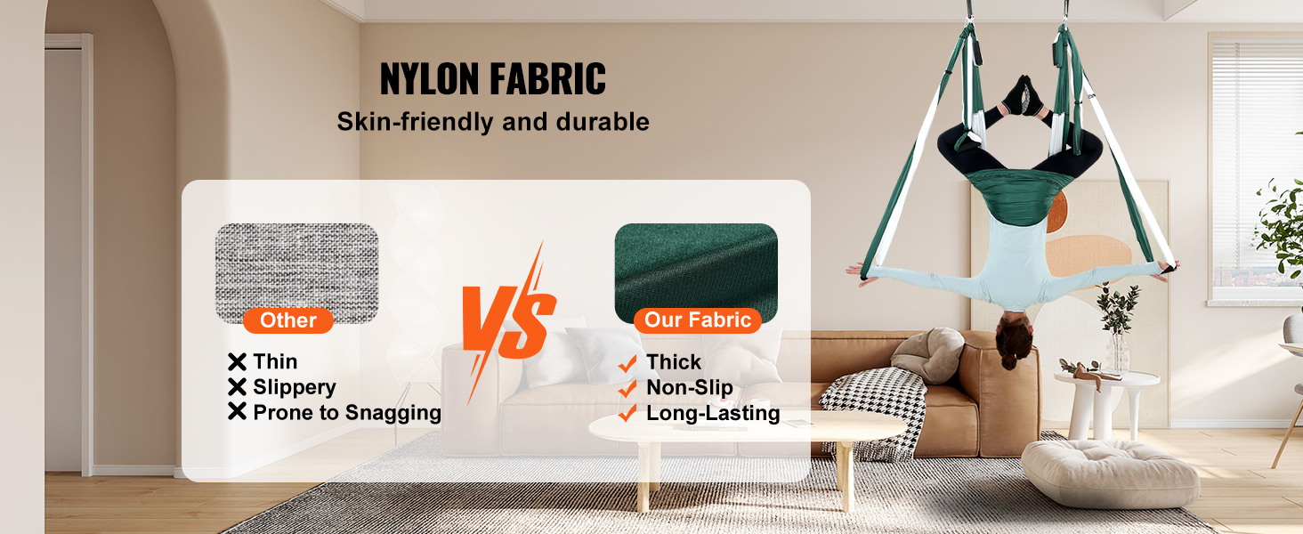VEVOR aerial yoga swing set in a modern living room with nylon fabric comparison chart highlighting its benefits.