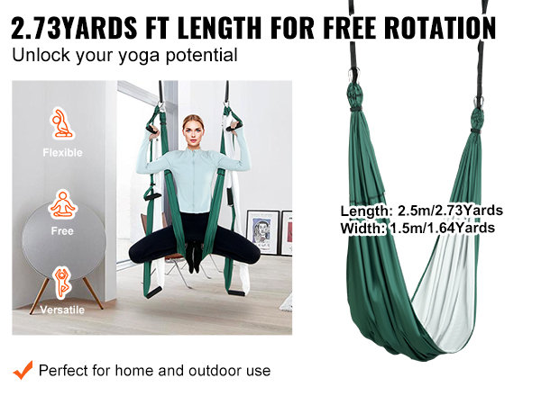 VEVOR aerial yoga swing set in living room and outdoor, flexible, free, and versatile for various poses.