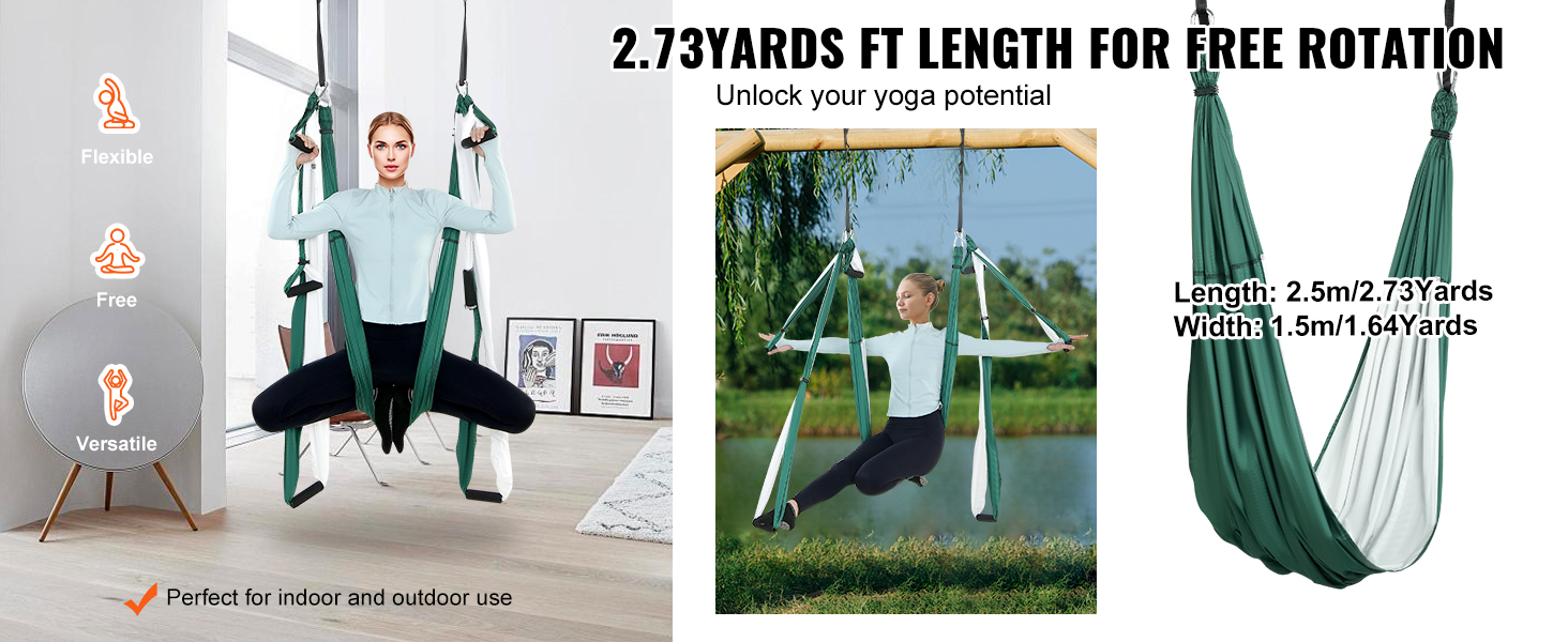 VEVOR aerial yoga swing set in living room and outdoor, flexible, free, and versatile for various poses.
