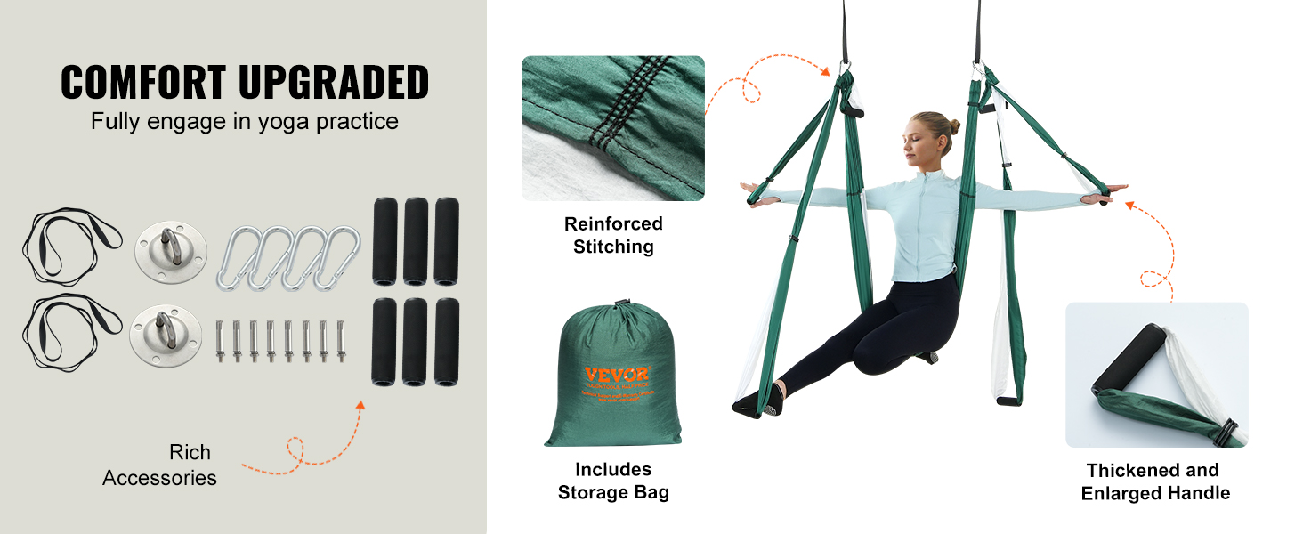 comfort upgraded VEVOR aerial yoga swing set with reinforced stitching and rich accessories.