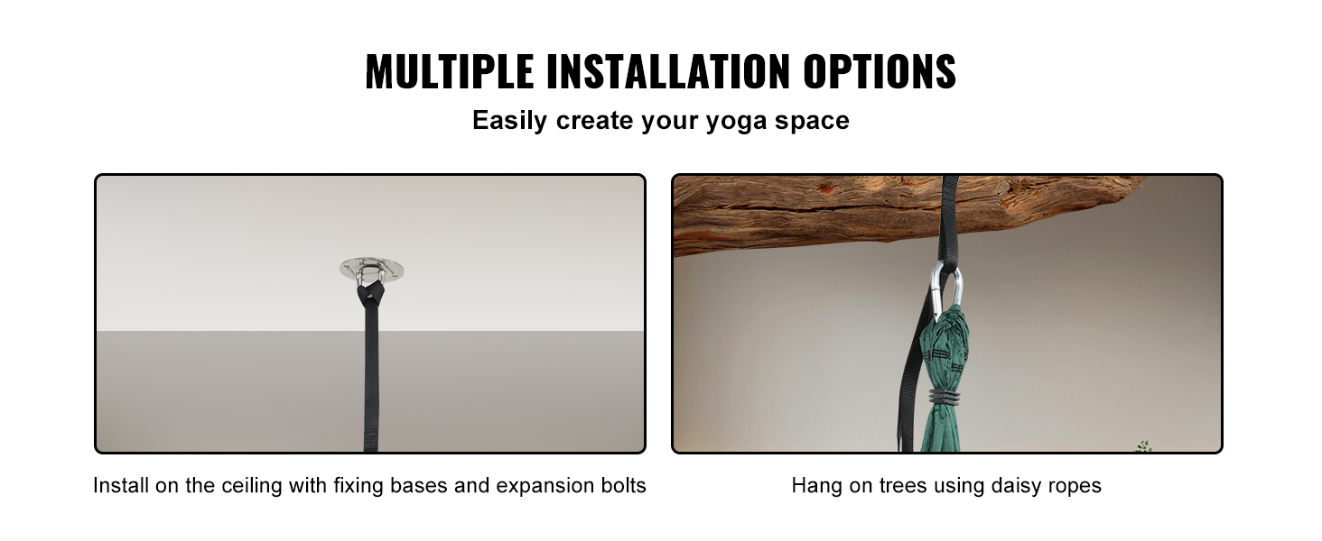 multiple installation options for VEVOR aerial yoga swing set, ceiling fixing or tree hanging with daisy ropes.