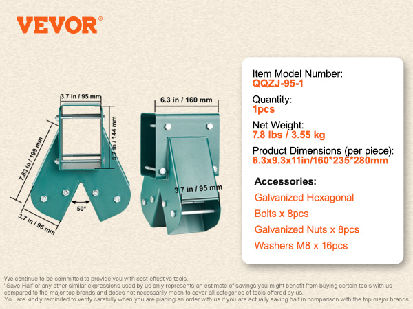 VEVOR swing set brackets dimensions and specifications with accessories list in orange text.