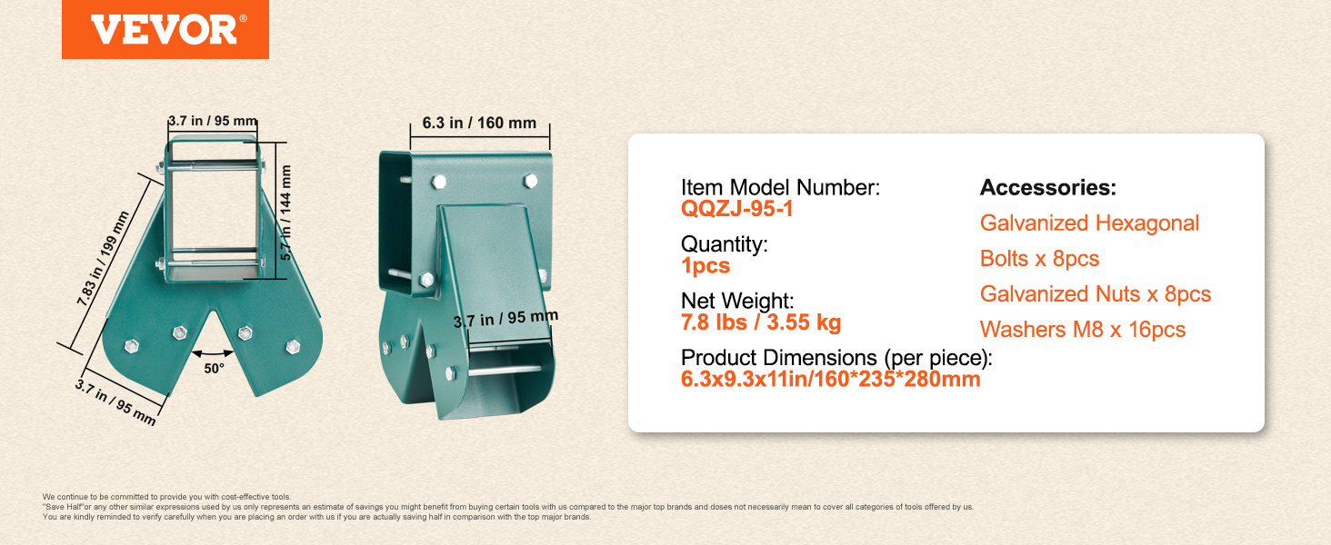 VEVOR swing set brackets dimensions and specifications with accessories list in orange text.