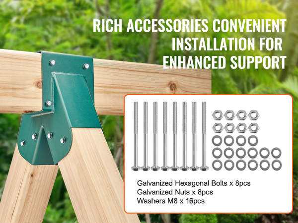 VEVOR swing set brackets with galvanized bolts, nuts, and washers for sturdy installation.