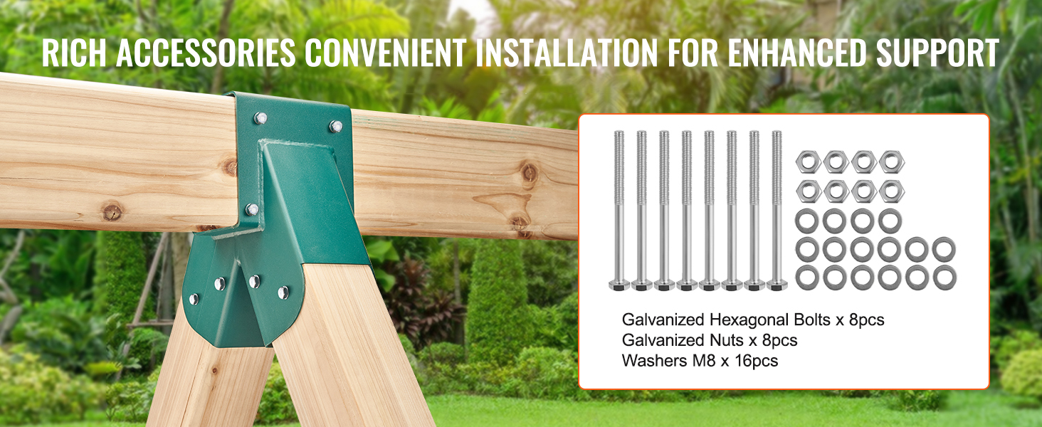 VEVOR swing set brackets with galvanized bolts, nuts, and washers for sturdy installation.