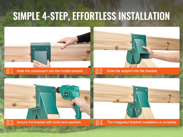 simple 4-step guide to installing VEVOR swing set brackets on wooden beams with sliding and securing steps.