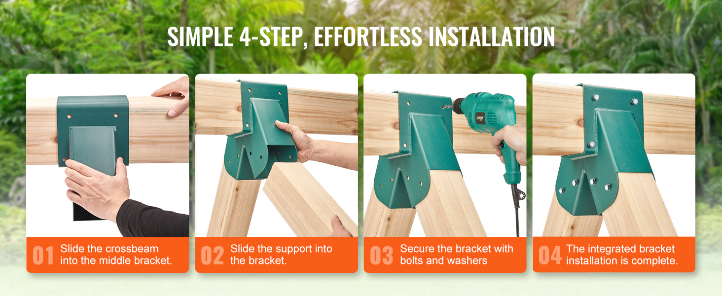 simple 4-step guide to installing VEVOR swing set brackets on wooden beams with sliding and securing steps.