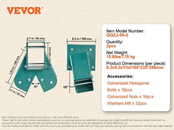 VEVOR swing set brackets, item model qqzj-95-2, 2pcs, 16 bolts, 16 nuts, 32 washers, 15.8lbs, 6.3x9.3x11in.