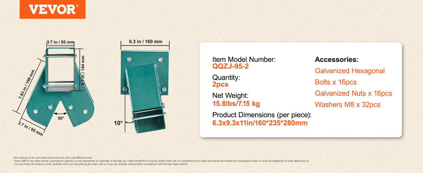 VEVOR swing set brackets, item model qqzj-95-2, 2pcs, 16 bolts, 16 nuts, 32 washers, 15.8lbs, 6.3x9.3x11in.