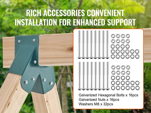 VEVOR swing set brackets installed on wooden beams with galvanized bolts, nuts, and washers for support.
