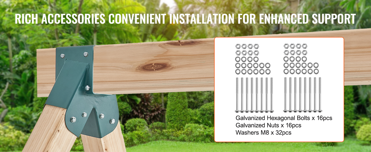 VEVOR swing set brackets installed on wooden beams with galvanized bolts, nuts, and washers for support.