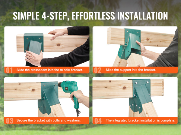 simple 4-step diy for VEVOR swing set brackets with crossbeam, support, bolts, and washers.