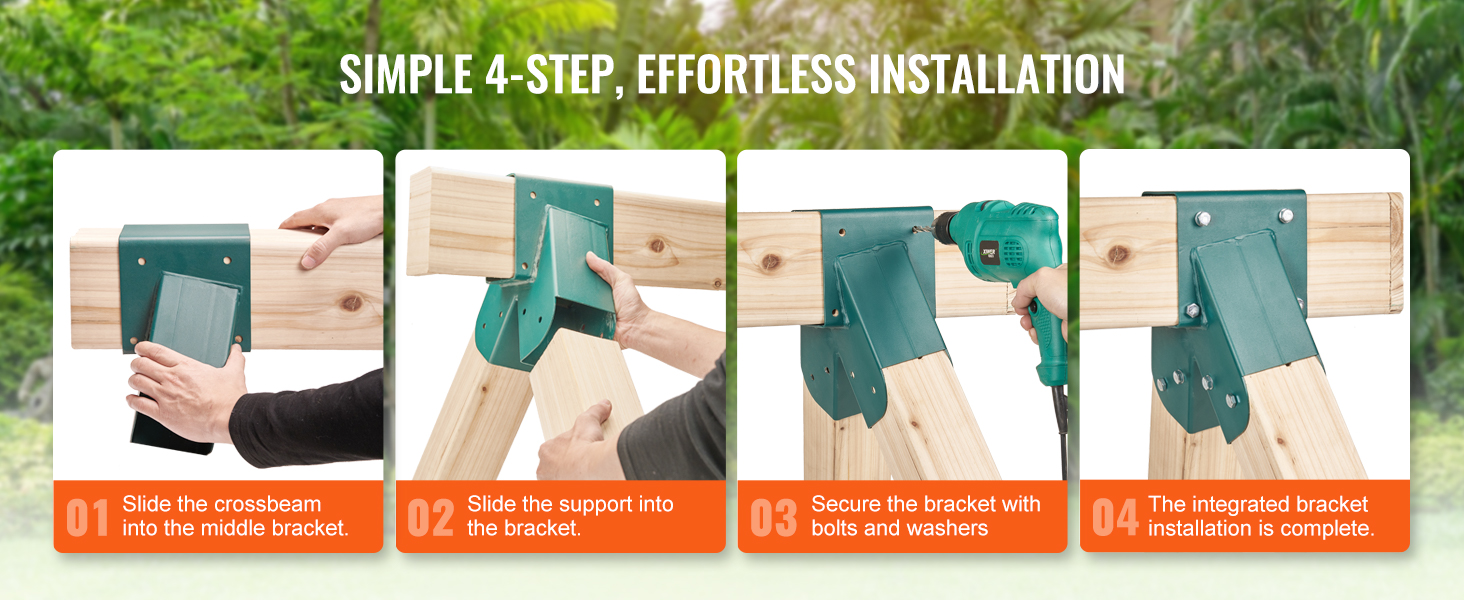 simple 4-step diy for VEVOR swing set brackets with crossbeam, support, bolts, and washers.