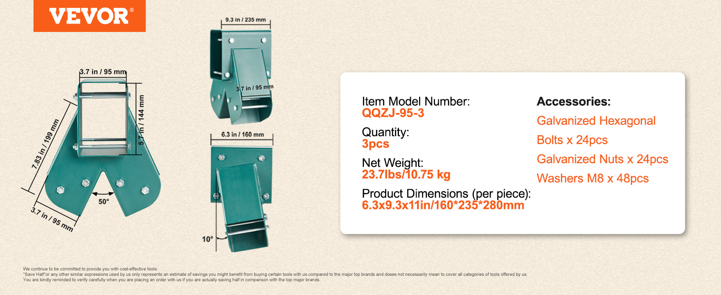 VEVOR swing set brackets in green with product dimensions and included accessories listed.