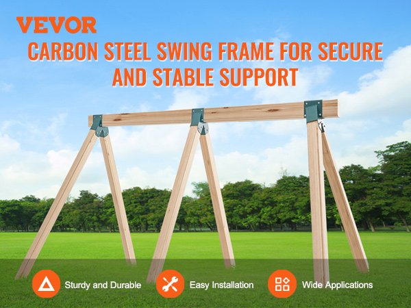 VEVOR swing set brackets on a sturdy wooden swing frame in a grassy park with a clear blue sky.