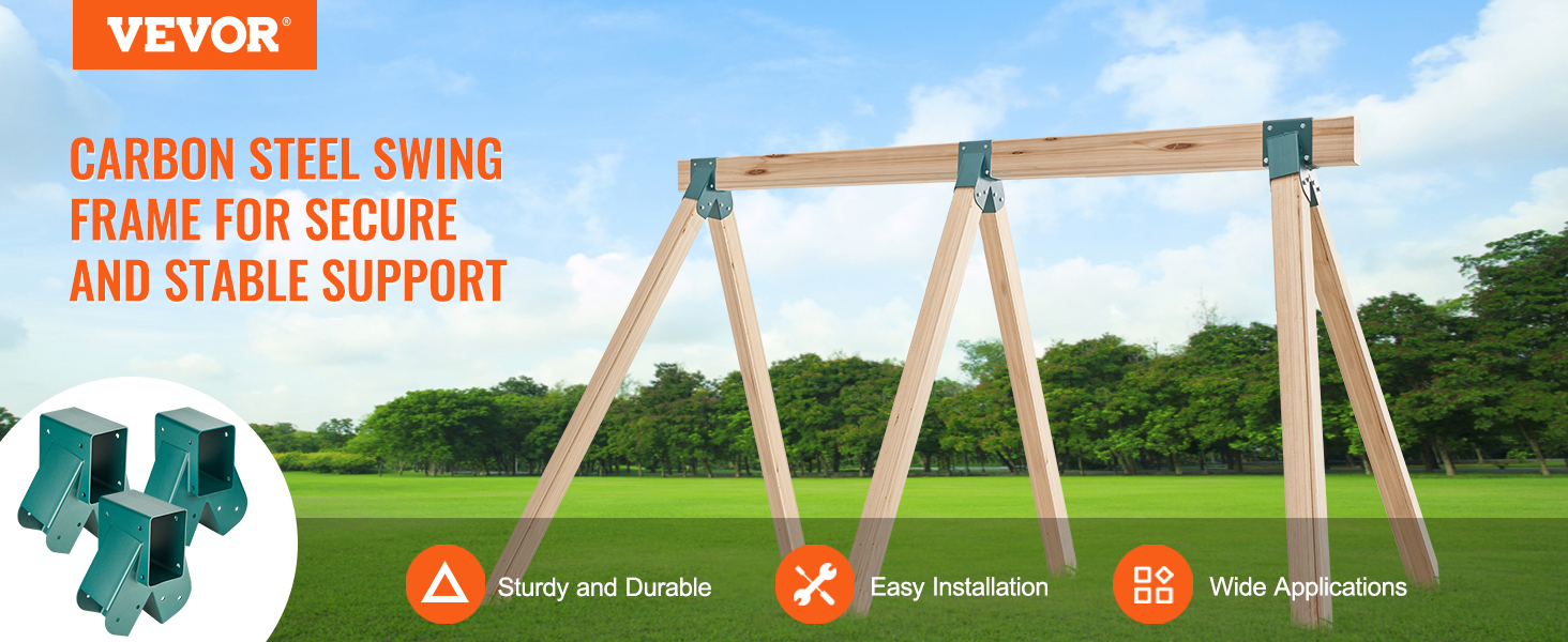 VEVOR swing set brackets on a sturdy wooden swing frame in a grassy park with a clear blue sky.