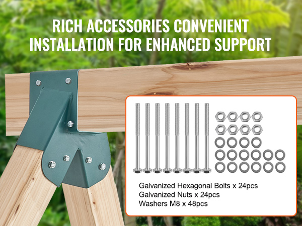 VEVOR swing set brackets with galvanized bolts, nuts, and washers in a lush garden setting.