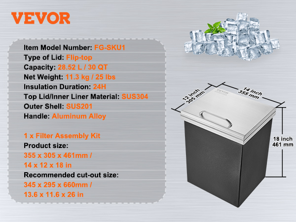 VEVOR ice chest with flip-top lid, 30 qt capacity, sus304 and sus201, 14x12x18 inches, handle aluminum.