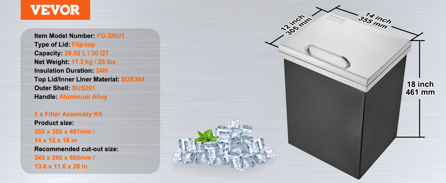 VEVOR ice chest with flip-top lid, 30 qt capacity, sus304 and sus201, 14x12x18 inches, handle aluminum.