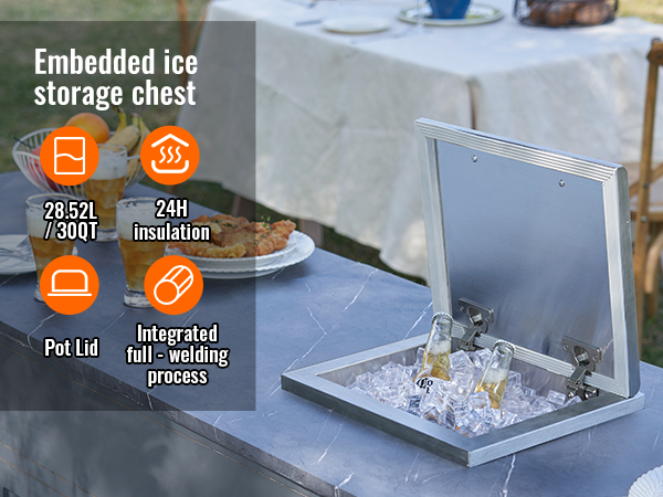 VEVOR ice chest with open stainless steel lid, cold beers, and snacks on an outdoor table.