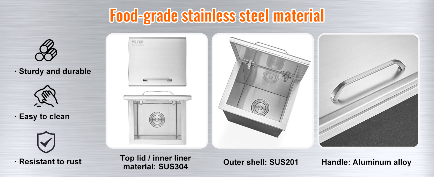 VEVOR ice chest made of food-grade stainless steel materials, sturdy, durable, easy to clean, rust-resistant.