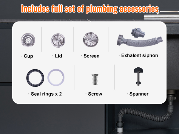 VEVOR ice chest plumbing accessories including cup, lid, screen, siphon, seal rings, screw, and spanner.