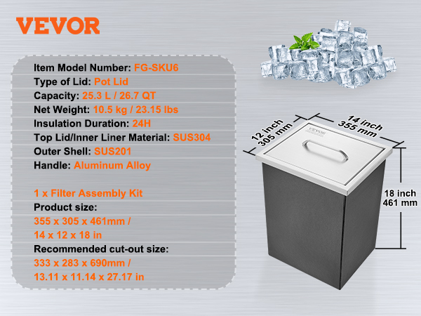 VEVOR drop in ice chest with sus304 lid, 25.3l capacity, and aluminum handle beside ice cubes.