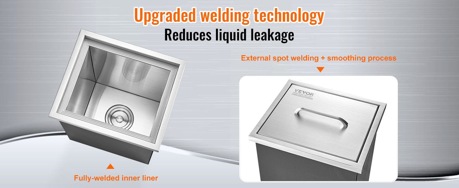 VEVOR drop in ice chest showing fully-welded inner liner and external spot welding technology.