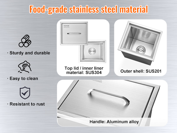 food-grade stainless steel VEVOR drop in ice chest, rust-resistant, sturdy, and easy to clean.