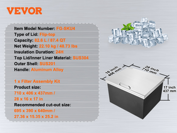 VEVOR drop in ice chest with flip-top lid, capacity 82.6l/87.4qt, sus304 lid, and aluminum handle.
