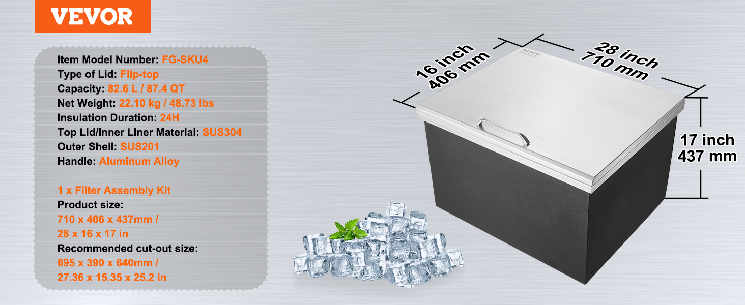 VEVOR drop in ice chest with flip-top lid, capacity 82.6l/87.4qt, sus304 lid, and aluminum handle.