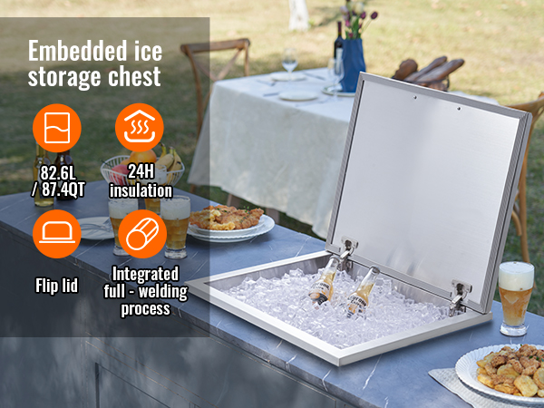 VEVOR drop in ice chest at outdoor table with drinks, fruit, and food.