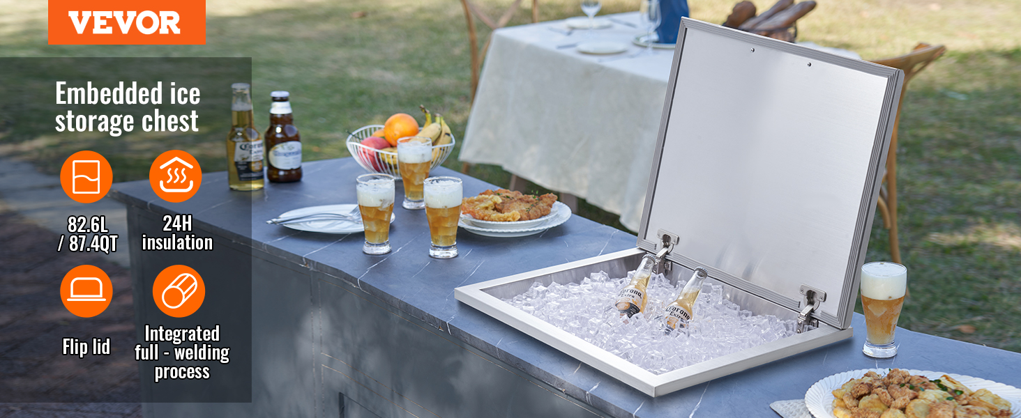 VEVOR drop in ice chest at outdoor table with drinks, fruit, and food.