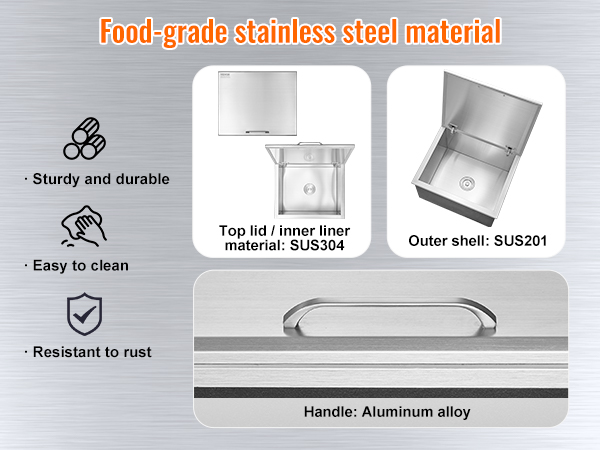 food-grade stainless steel VEVOR drop in ice chest; durable, easy to clean, rust-resistant; sus304, sus201, aluminum handle.