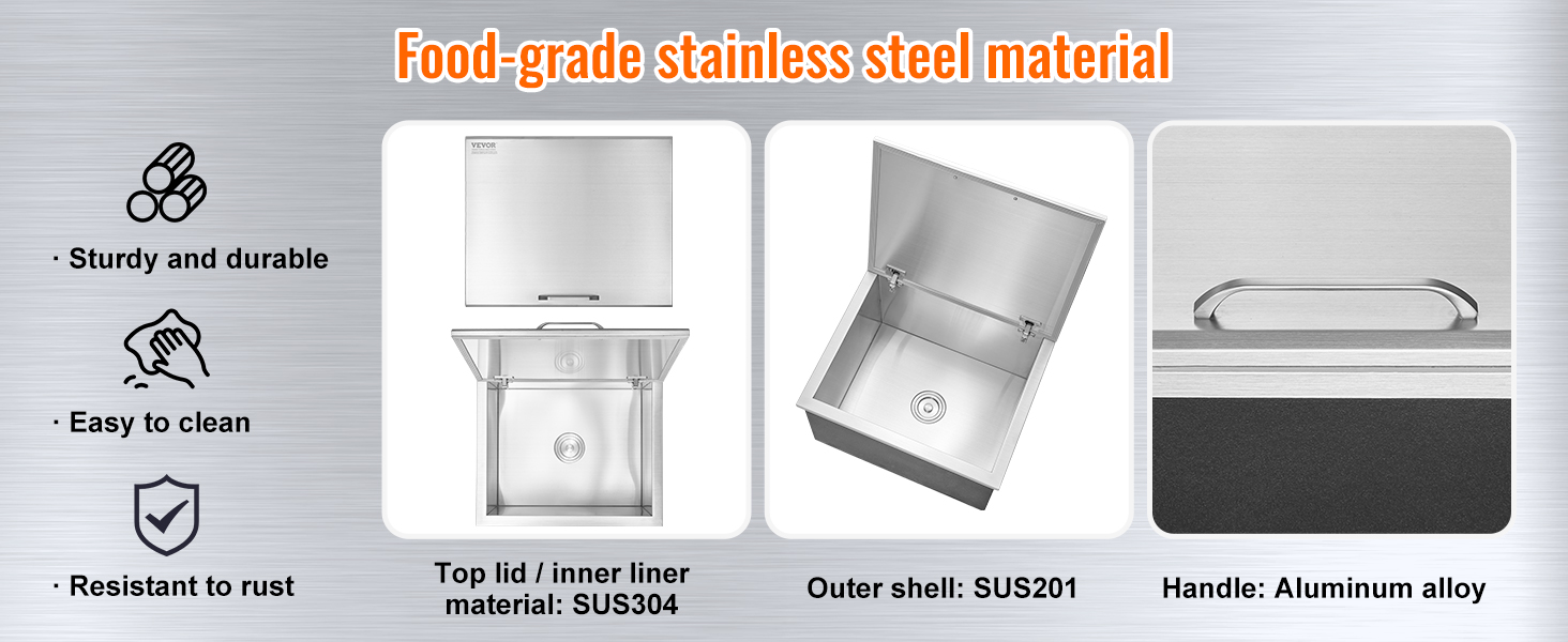 food-grade stainless steel VEVOR drop in ice chest; durable, easy to clean, rust-resistant; sus304, sus201, aluminum handle.