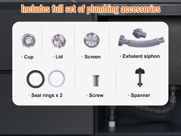 full set of plumbing accessories for VEVOR drop in ice chest: cup, lid, screen, seals, siphon, screw, spanner.